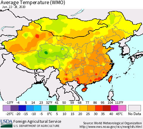 China, Mongolia and Taiwan Average Temperature (WMO) Thematic Map For 6/22/2020 - 6/28/2020