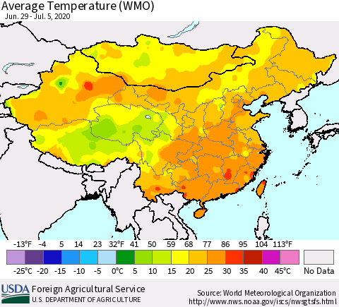 China, Mongolia and Taiwan Average Temperature (WMO) Thematic Map For 6/29/2020 - 7/5/2020