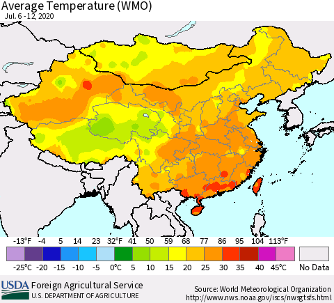 China, Mongolia and Taiwan Average Temperature (WMO) Thematic Map For 7/6/2020 - 7/12/2020