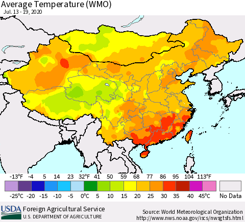 China, Mongolia and Taiwan Average Temperature (WMO) Thematic Map For 7/13/2020 - 7/19/2020