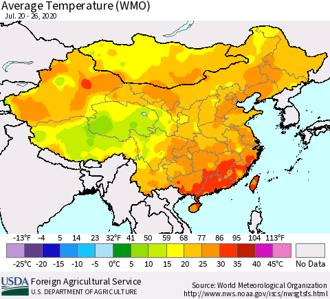 China, Mongolia and Taiwan Average Temperature (WMO) Thematic Map For 7/20/2020 - 7/26/2020