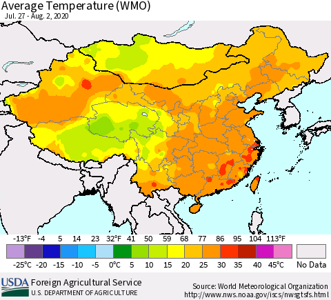 China, Mongolia and Taiwan Average Temperature (WMO) Thematic Map For 7/27/2020 - 8/2/2020