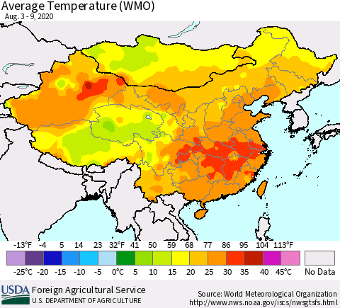 China, Mongolia and Taiwan Average Temperature (WMO) Thematic Map For 8/3/2020 - 8/9/2020