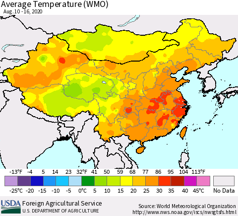 China, Mongolia and Taiwan Average Temperature (WMO) Thematic Map For 8/10/2020 - 8/16/2020
