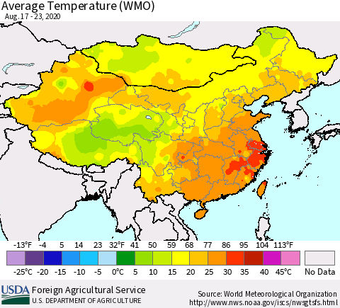 China, Mongolia and Taiwan Average Temperature (WMO) Thematic Map For 8/17/2020 - 8/23/2020