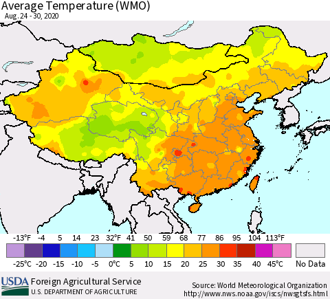 China, Mongolia and Taiwan Average Temperature (WMO) Thematic Map For 8/24/2020 - 8/30/2020