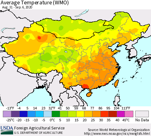 China, Mongolia and Taiwan Average Temperature (WMO) Thematic Map For 8/31/2020 - 9/6/2020