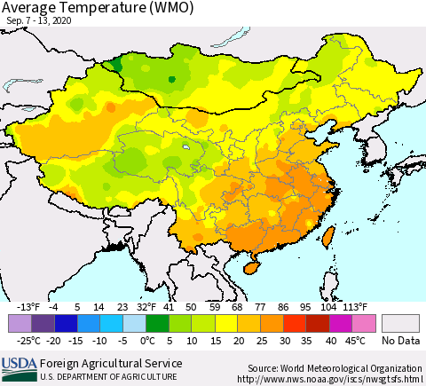 China, Mongolia and Taiwan Average Temperature (WMO) Thematic Map For 9/7/2020 - 9/13/2020