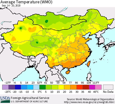 China, Mongolia and Taiwan Average Temperature (WMO) Thematic Map For 9/14/2020 - 9/20/2020