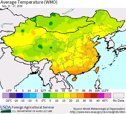 China, Mongolia and Taiwan Average Temperature (WMO) Thematic Map For 9/21/2020 - 9/27/2020