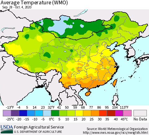 China, Mongolia and Taiwan Average Temperature (WMO) Thematic Map For 9/28/2020 - 10/4/2020