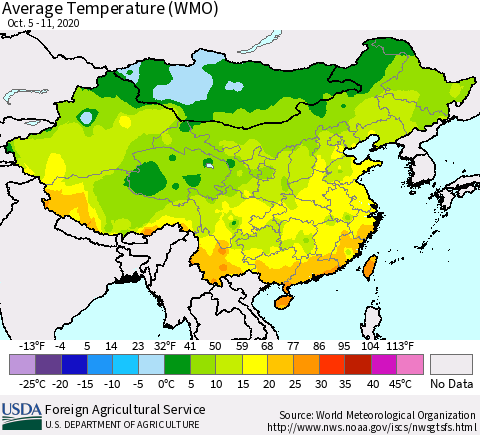 China, Mongolia and Taiwan Average Temperature (WMO) Thematic Map For 10/5/2020 - 10/11/2020