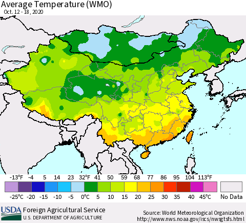 China, Mongolia and Taiwan Average Temperature (WMO) Thematic Map For 10/12/2020 - 10/18/2020