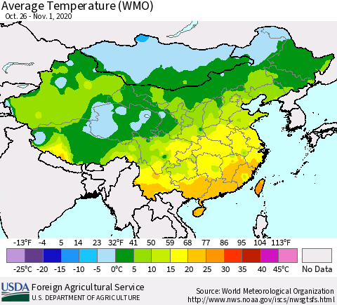 China, Mongolia and Taiwan Average Temperature (WMO) Thematic Map For 10/26/2020 - 11/1/2020