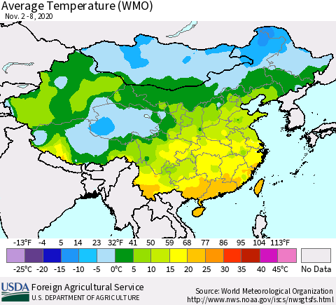 China, Mongolia and Taiwan Average Temperature (WMO) Thematic Map For 11/2/2020 - 11/8/2020