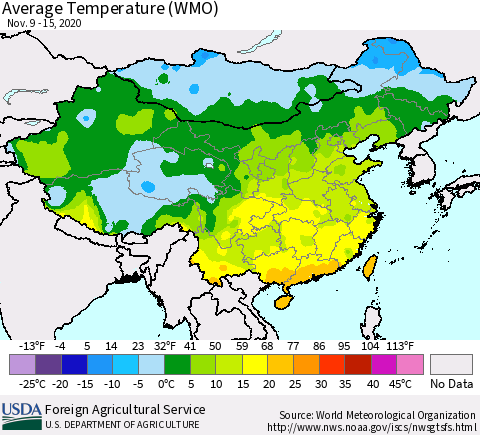 China, Mongolia and Taiwan Average Temperature (WMO) Thematic Map For 11/9/2020 - 11/15/2020