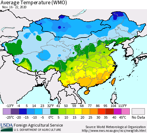 China, Mongolia and Taiwan Average Temperature (WMO) Thematic Map For 11/16/2020 - 11/22/2020