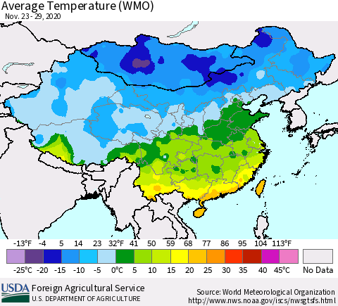 China, Mongolia and Taiwan Average Temperature (WMO) Thematic Map For 11/23/2020 - 11/29/2020