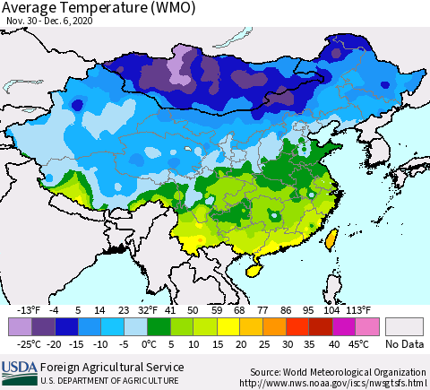 China, Mongolia and Taiwan Average Temperature (WMO) Thematic Map For 11/30/2020 - 12/6/2020