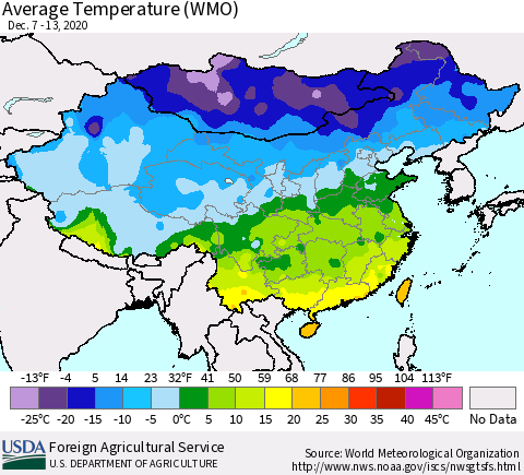 China, Mongolia and Taiwan Average Temperature (WMO) Thematic Map For 12/7/2020 - 12/13/2020