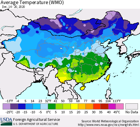 China, Mongolia and Taiwan Average Temperature (WMO) Thematic Map For 12/14/2020 - 12/20/2020