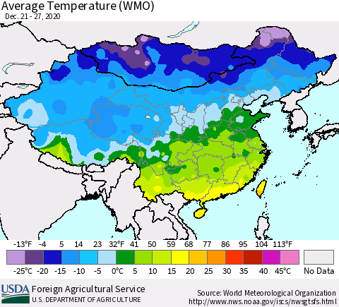 China, Mongolia and Taiwan Average Temperature (WMO) Thematic Map For 12/21/2020 - 12/27/2020