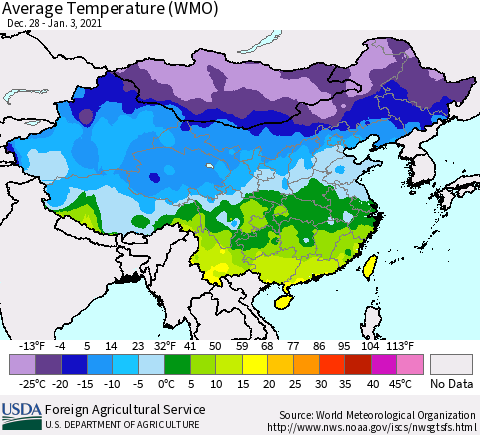 China, Mongolia and Taiwan Average Temperature (WMO) Thematic Map For 12/28/2020 - 1/3/2021