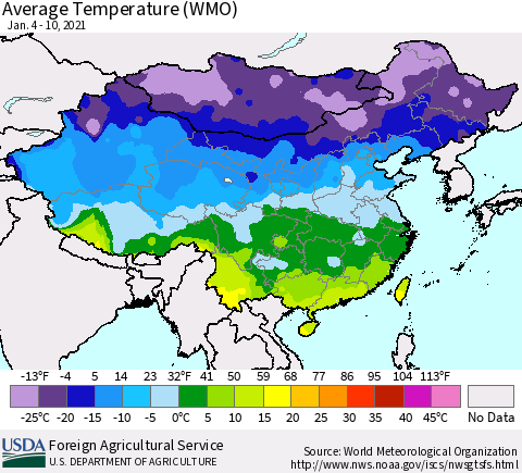 China, Mongolia and Taiwan Average Temperature (WMO) Thematic Map For 1/4/2021 - 1/10/2021