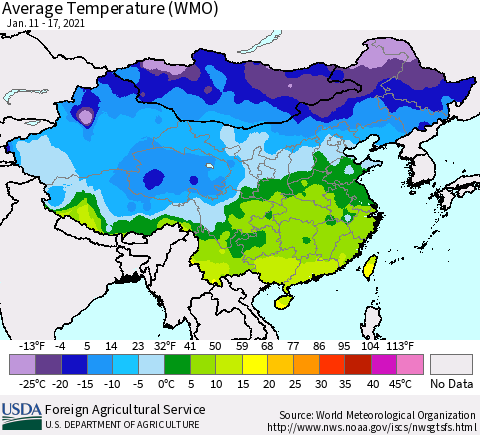 China, Mongolia and Taiwan Average Temperature (WMO) Thematic Map For 1/11/2021 - 1/17/2021