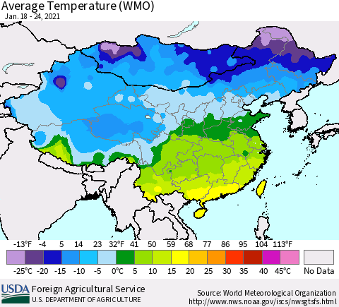 China, Mongolia and Taiwan Average Temperature (WMO) Thematic Map For 1/18/2021 - 1/24/2021