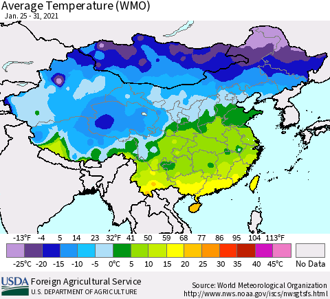 China, Mongolia and Taiwan Average Temperature (WMO) Thematic Map For 1/25/2021 - 1/31/2021