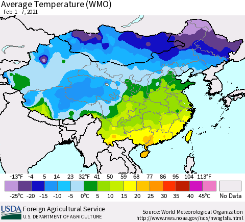 China, Mongolia and Taiwan Average Temperature (WMO) Thematic Map For 2/1/2021 - 2/7/2021