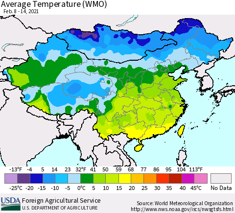 China, Mongolia and Taiwan Average Temperature (WMO) Thematic Map For 2/8/2021 - 2/14/2021