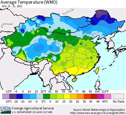 China, Mongolia and Taiwan Average Temperature (WMO) Thematic Map For 2/15/2021 - 2/21/2021