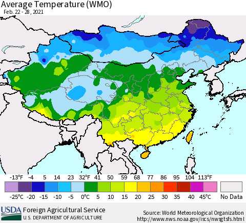 China, Mongolia and Taiwan Average Temperature (WMO) Thematic Map For 2/22/2021 - 2/28/2021