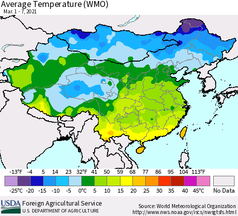 China, Mongolia and Taiwan Average Temperature (WMO) Thematic Map For 3/1/2021 - 3/7/2021
