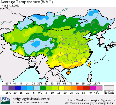 China, Mongolia and Taiwan Average Temperature (WMO) Thematic Map For 3/8/2021 - 3/14/2021