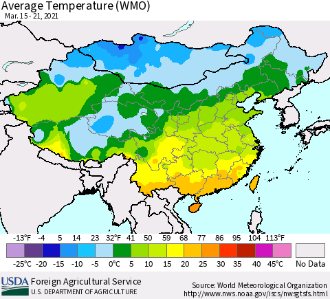 China, Mongolia and Taiwan Average Temperature (WMO) Thematic Map For 3/15/2021 - 3/21/2021