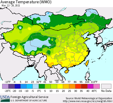China, Mongolia and Taiwan Average Temperature (WMO) Thematic Map For 3/22/2021 - 3/28/2021