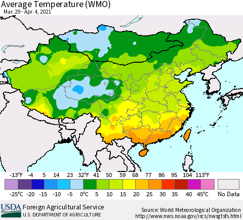 China, Mongolia and Taiwan Average Temperature (WMO) Thematic Map For 3/29/2021 - 4/4/2021