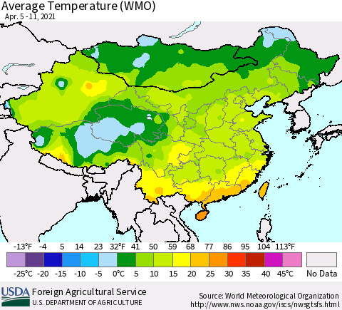China, Mongolia and Taiwan Average Temperature (WMO) Thematic Map For 4/5/2021 - 4/11/2021