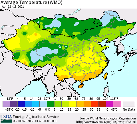 China, Mongolia and Taiwan Average Temperature (WMO) Thematic Map For 4/12/2021 - 4/18/2021