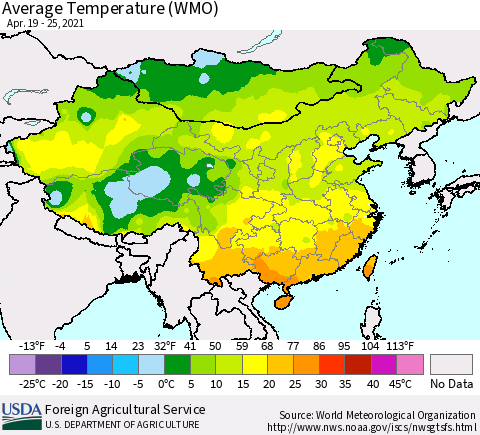 China, Mongolia and Taiwan Average Temperature (WMO) Thematic Map For 4/19/2021 - 4/25/2021