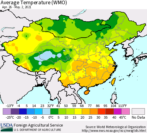 China, Mongolia and Taiwan Average Temperature (WMO) Thematic Map For 4/26/2021 - 5/2/2021