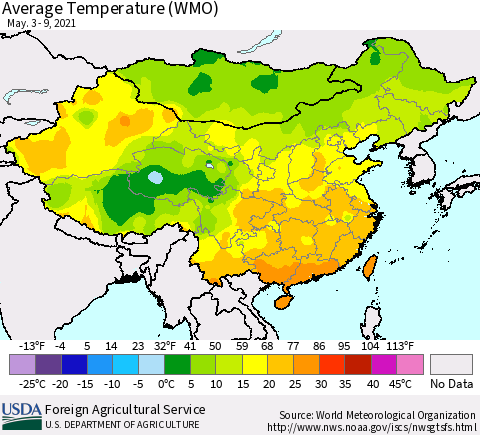 China, Mongolia and Taiwan Average Temperature (WMO) Thematic Map For 5/3/2021 - 5/9/2021