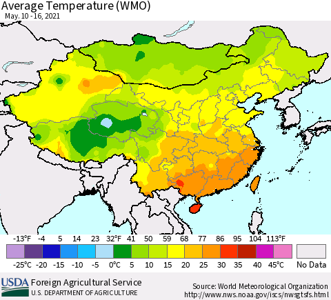 China, Mongolia and Taiwan Average Temperature (WMO) Thematic Map For 5/10/2021 - 5/16/2021