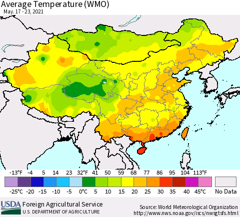China, Mongolia and Taiwan Average Temperature (WMO) Thematic Map For 5/17/2021 - 5/23/2021