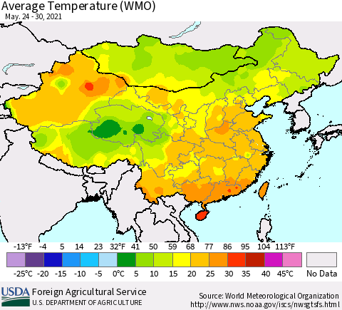 China, Mongolia and Taiwan Average Temperature (WMO) Thematic Map For 5/24/2021 - 5/30/2021