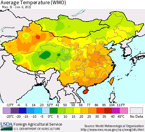 China, Mongolia and Taiwan Average Temperature (WMO) Thematic Map For 5/31/2021 - 6/6/2021