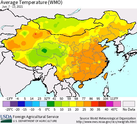 China, Mongolia and Taiwan Average Temperature (WMO) Thematic Map For 6/7/2021 - 6/13/2021